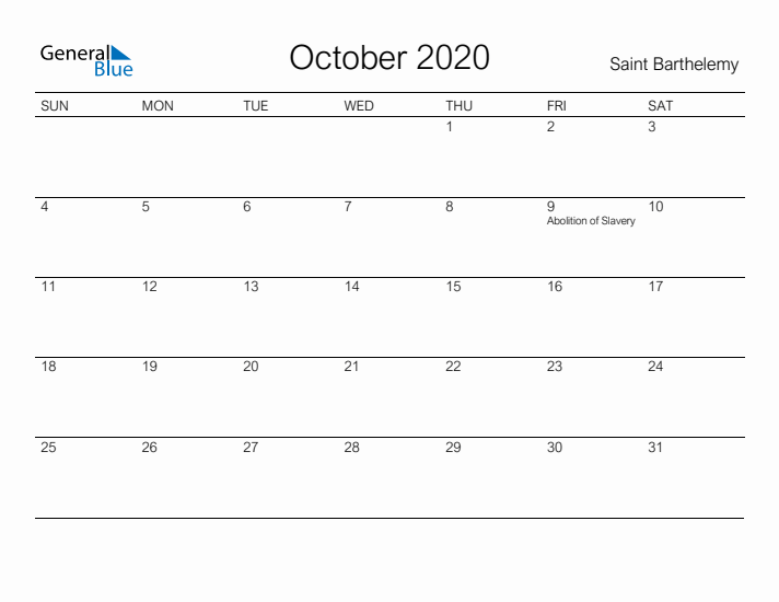Printable October 2020 Calendar for Saint Barthelemy