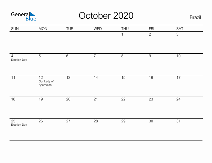 Printable October 2020 Calendar for Brazil