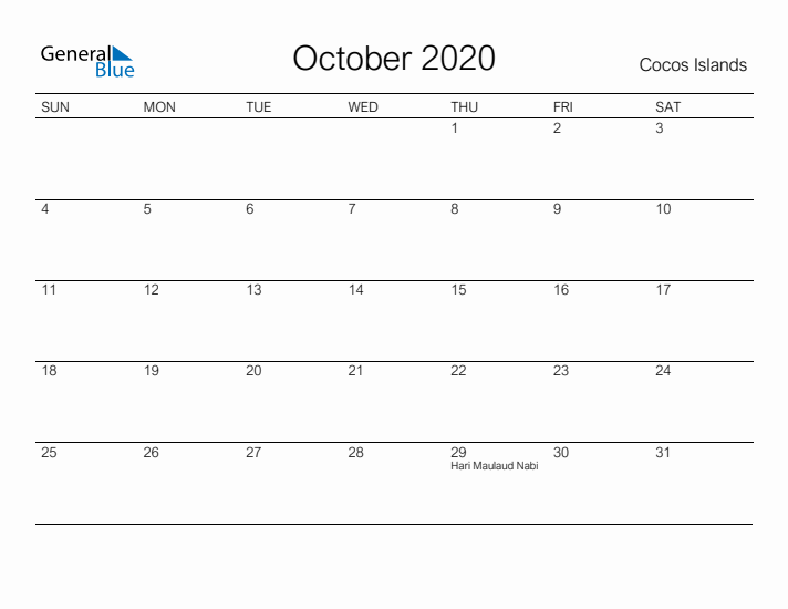 Printable October 2020 Calendar for Cocos Islands