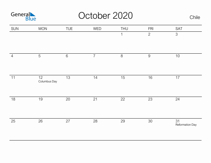 Printable October 2020 Calendar for Chile
