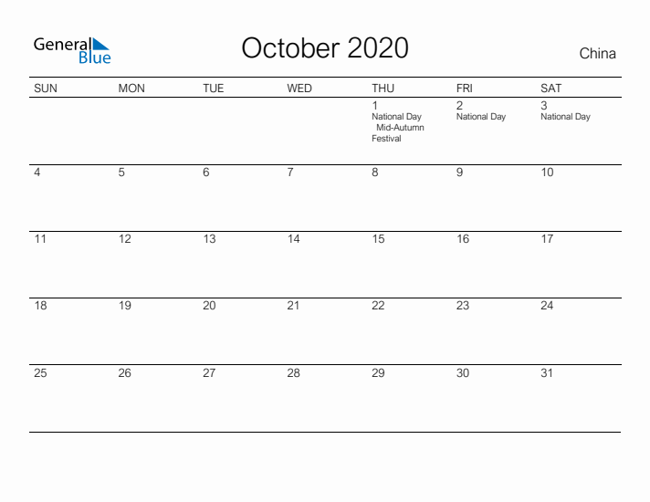 Printable October 2020 Calendar for China