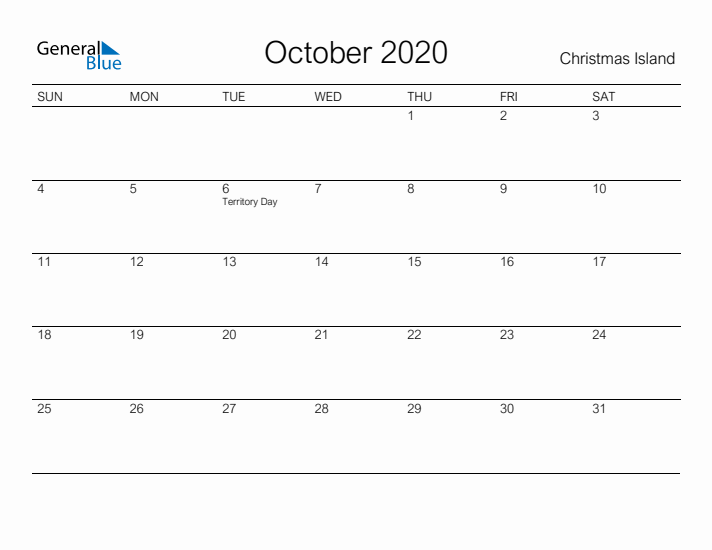 Printable October 2020 Calendar for Christmas Island