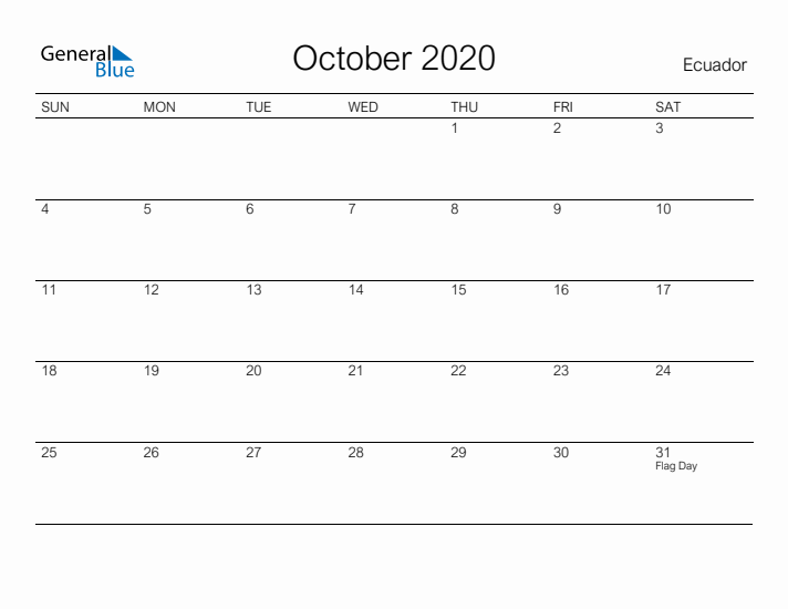 Printable October 2020 Calendar for Ecuador