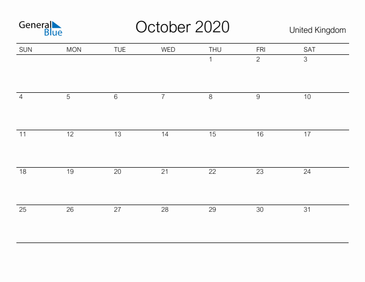 Printable October 2020 Calendar for United Kingdom