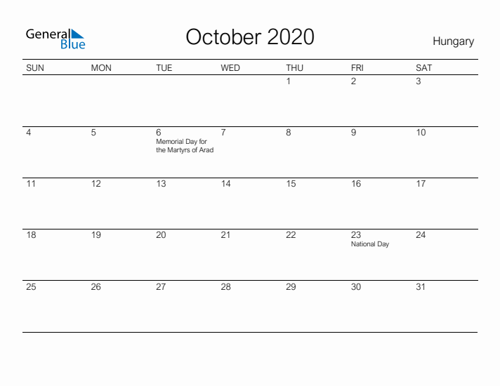 Printable October 2020 Calendar for Hungary