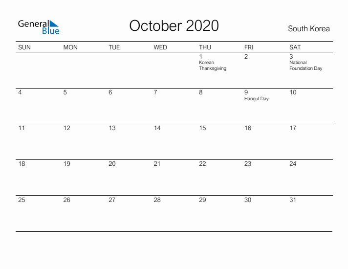 Printable October 2020 Calendar for South Korea