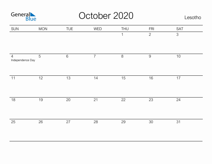 Printable October 2020 Calendar for Lesotho
