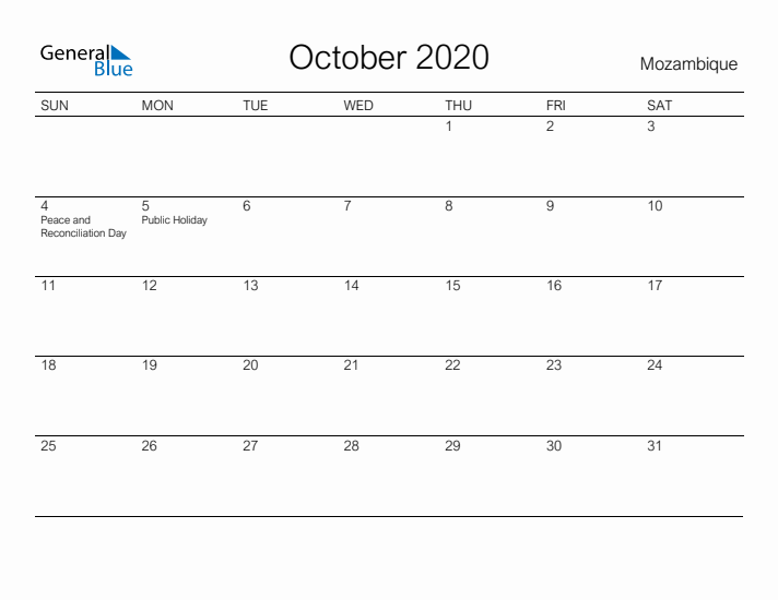 Printable October 2020 Calendar for Mozambique