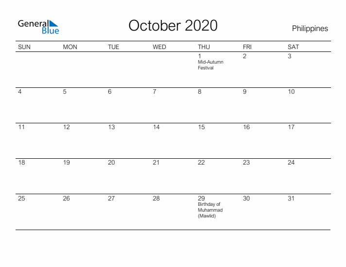 Printable October 2020 Calendar for Philippines