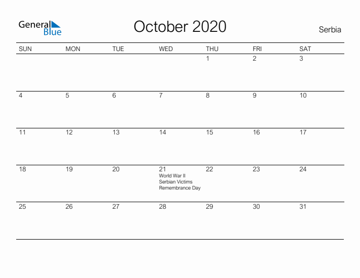 Printable October 2020 Calendar for Serbia
