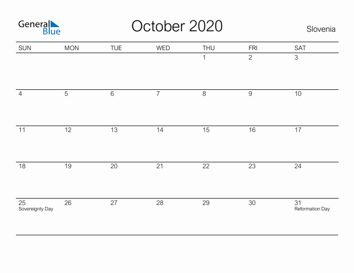 Printable October 2020 Calendar for Slovenia