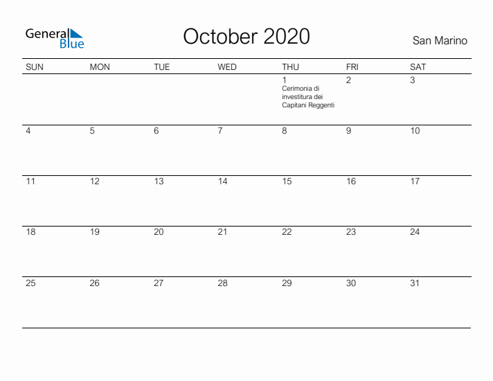 Printable October 2020 Calendar for San Marino