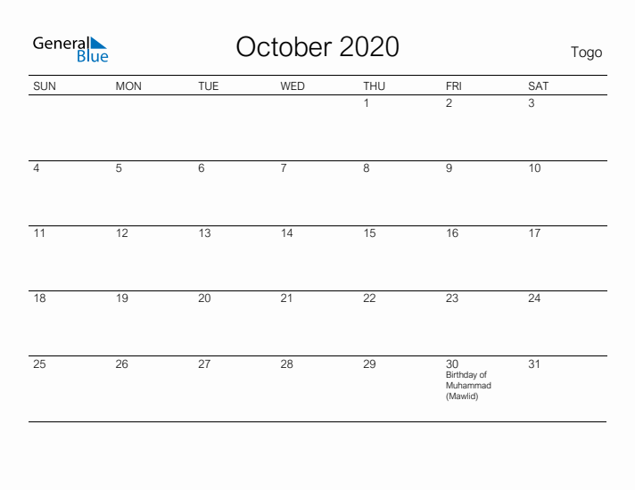 Printable October 2020 Calendar for Togo