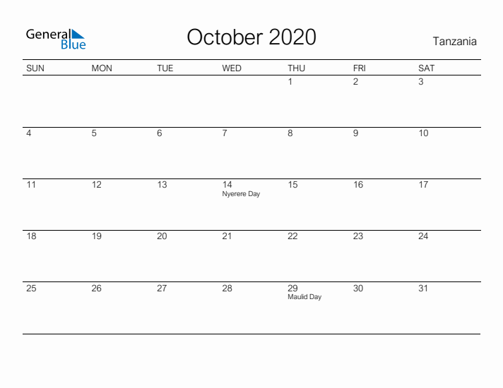 Printable October 2020 Calendar for Tanzania