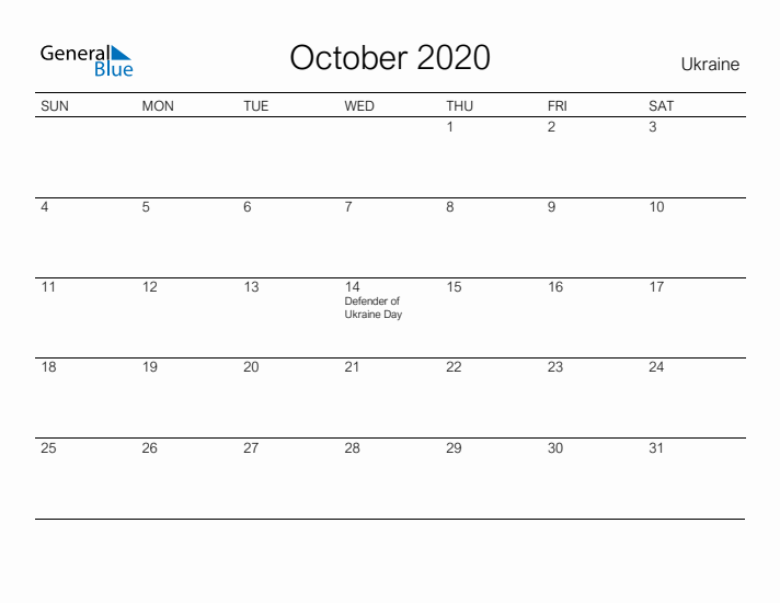 Printable October 2020 Calendar for Ukraine