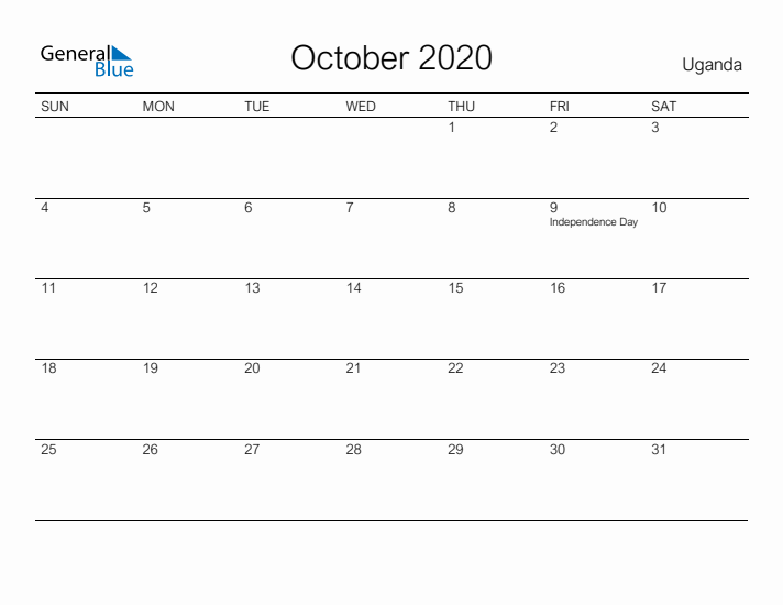 Printable October 2020 Calendar for Uganda