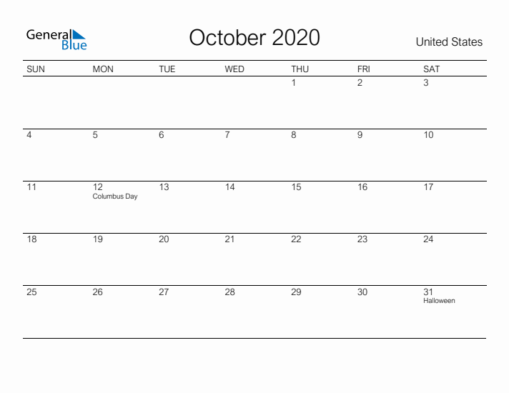 Printable October 2020 Calendar for United States