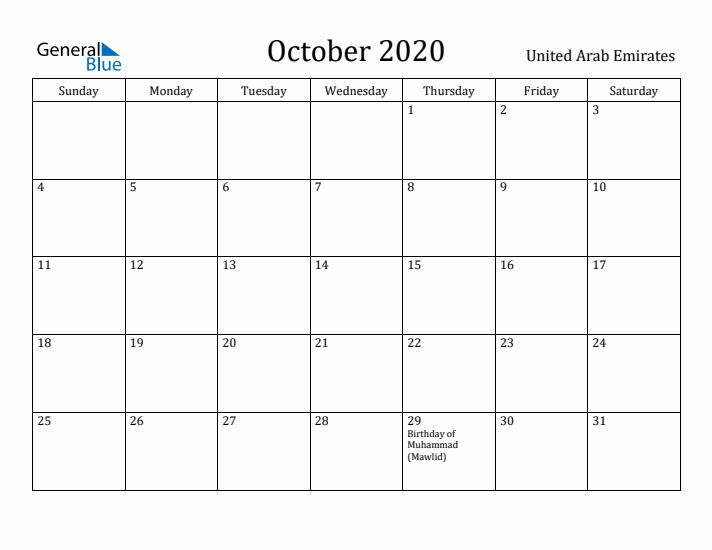 October 2020 Calendar United Arab Emirates