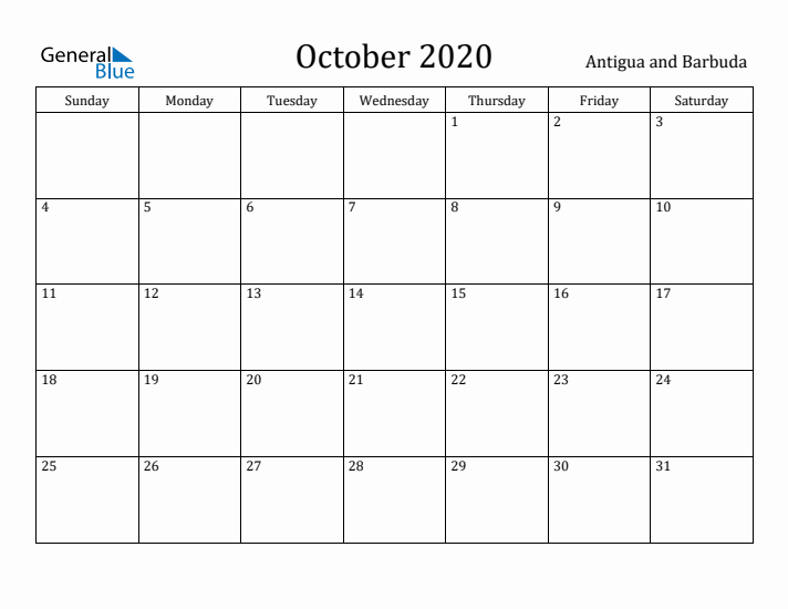 October 2020 Calendar Antigua and Barbuda