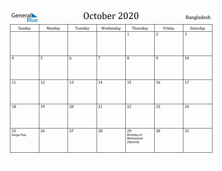October 2020 Calendar Bangladesh