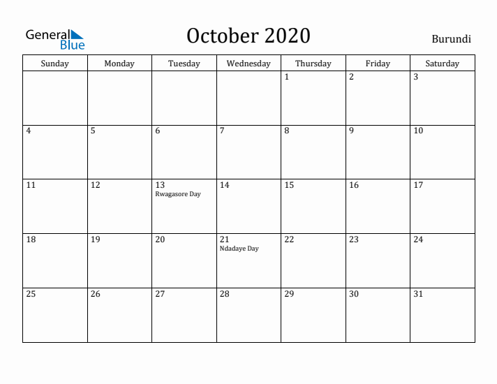 October 2020 Calendar Burundi