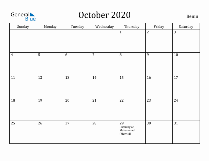 October 2020 Calendar Benin