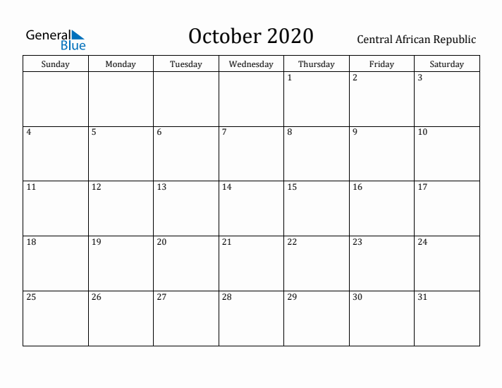 October 2020 Calendar Central African Republic