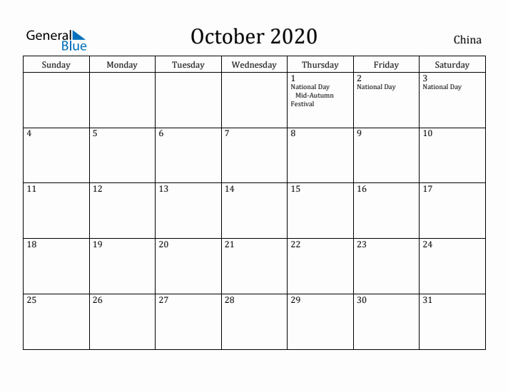 October 2020 Calendar China