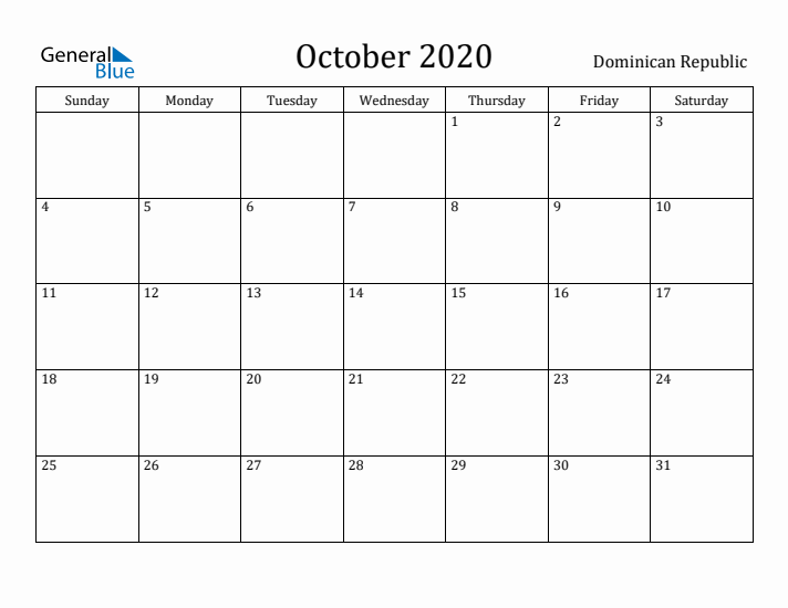 October 2020 Calendar Dominican Republic