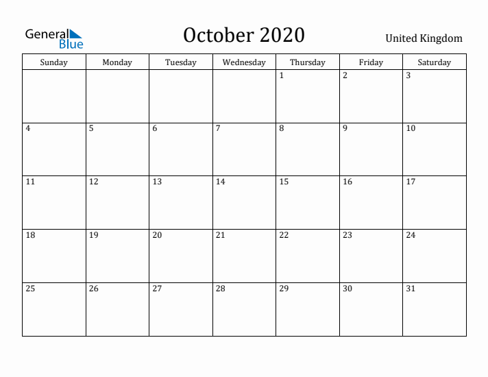 October 2020 Calendar United Kingdom