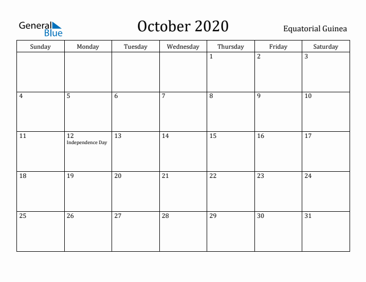 October 2020 Calendar Equatorial Guinea