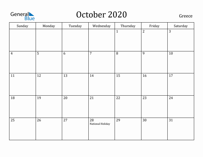 October 2020 Calendar Greece