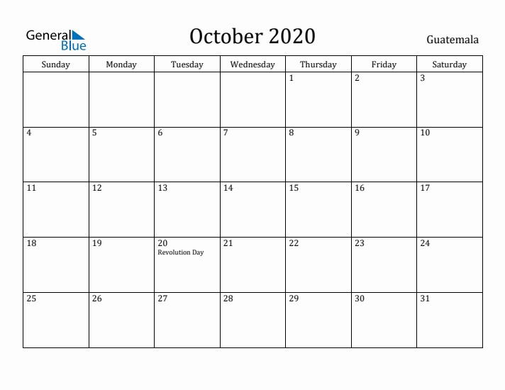 October 2020 Calendar Guatemala