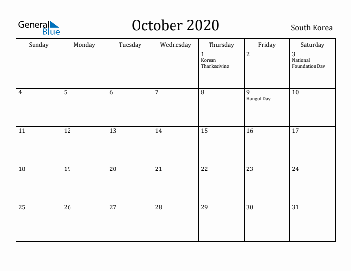 October 2020 Calendar South Korea