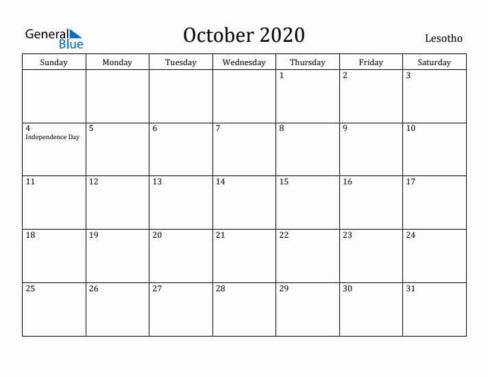 October 2020 Calendar Lesotho