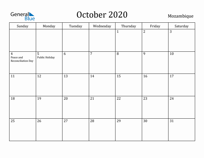 October 2020 Calendar Mozambique