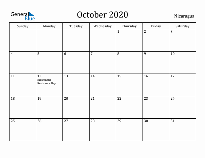 October 2020 Calendar Nicaragua