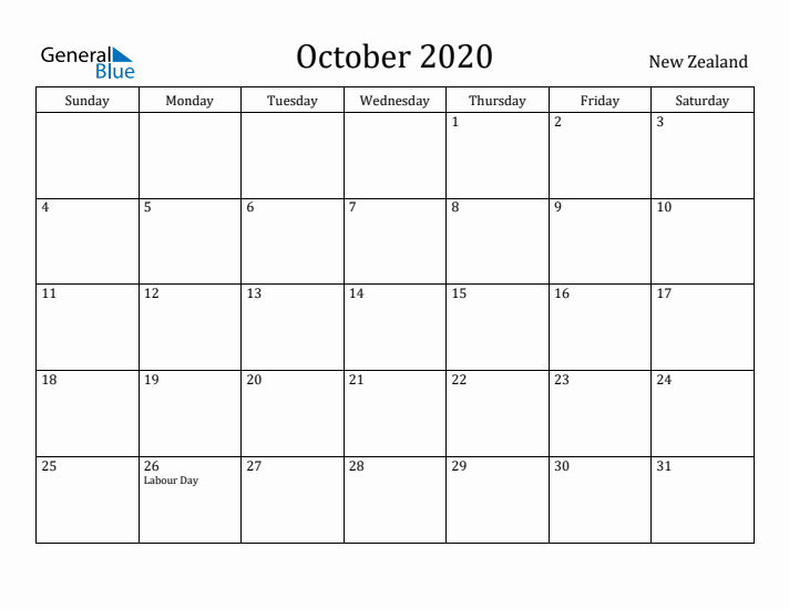 October 2020 Calendar New Zealand