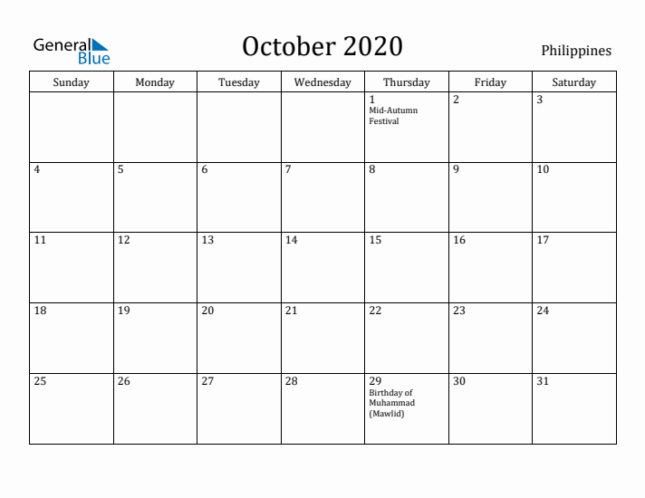 October 2020 Calendar Philippines