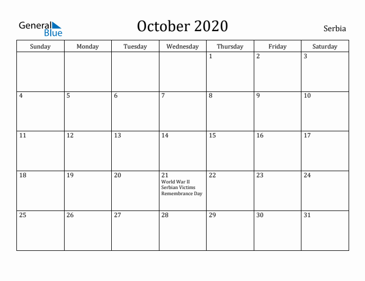 October 2020 Calendar Serbia