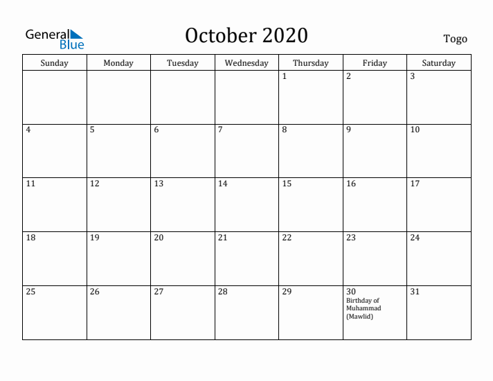 October 2020 Calendar Togo
