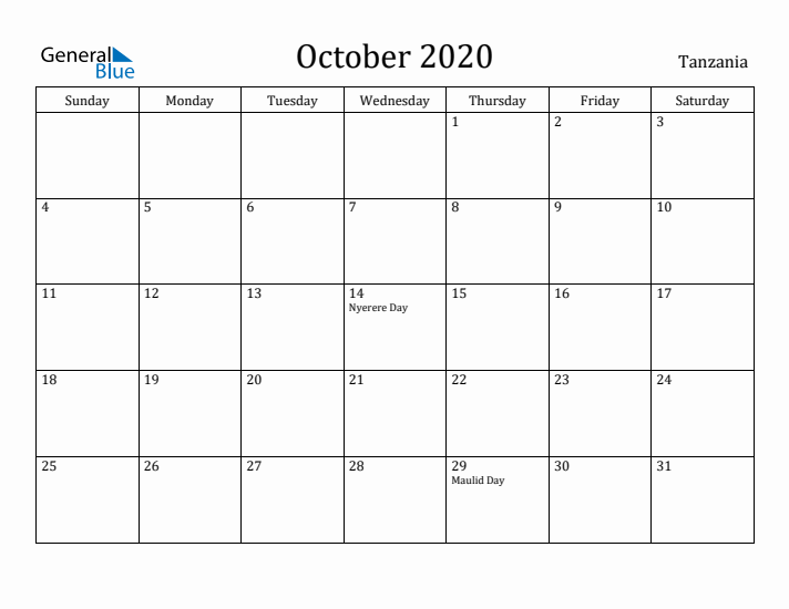 October 2020 Calendar Tanzania