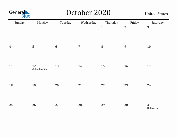 October 2020 Calendar United States