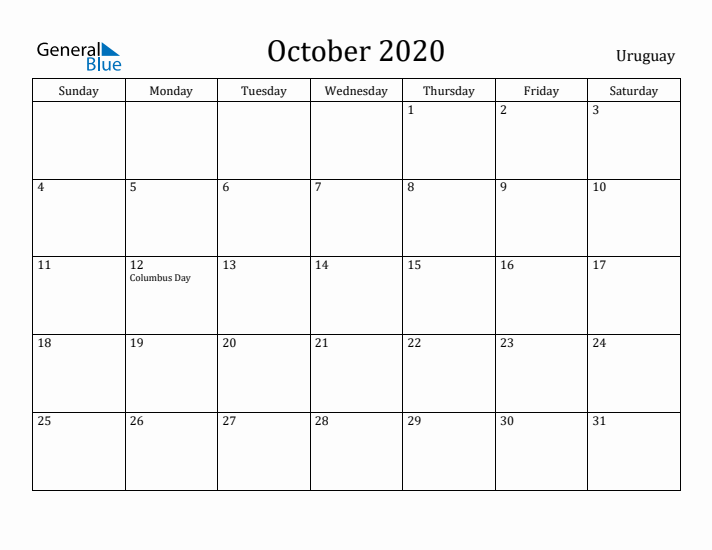 October 2020 Calendar Uruguay
