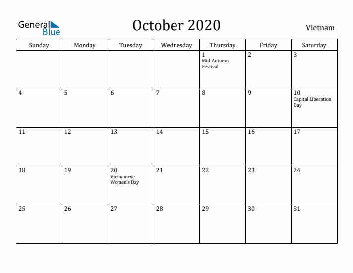 October 2020 Calendar Vietnam