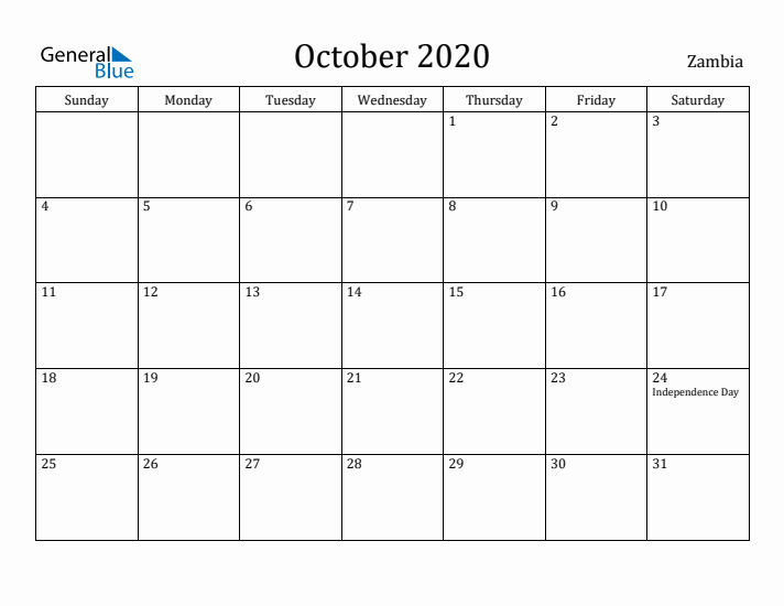 October 2020 Calendar Zambia