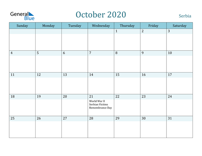 October 2020 Calendar with Holidays in PDF, Word, and Excel