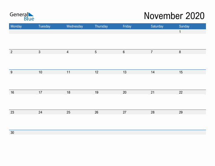 Fillable Calendar for November 2020