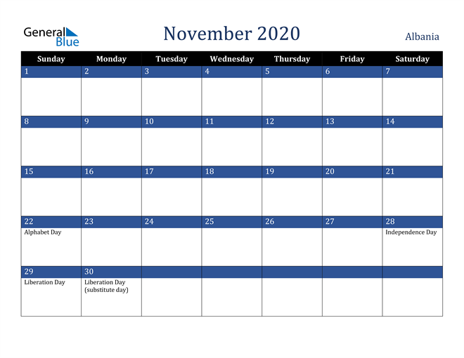 November 2020 Albania Calendar