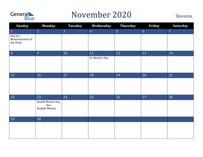 November 2020 Slovenia Calendar